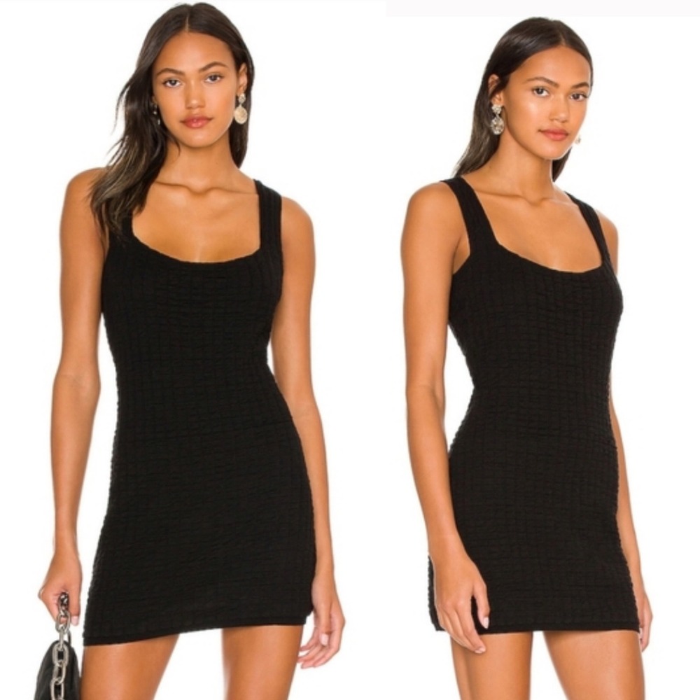 Free People‎ Black Textured Square Neck Mini Dress Womens Size XS Bohemian Boho